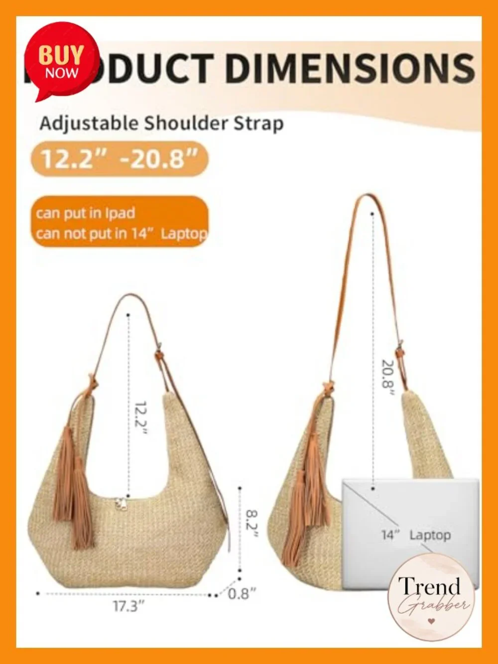 Handwoven Straw Hobo Shoulder Bag with Tassel, Adjustable Crossbody